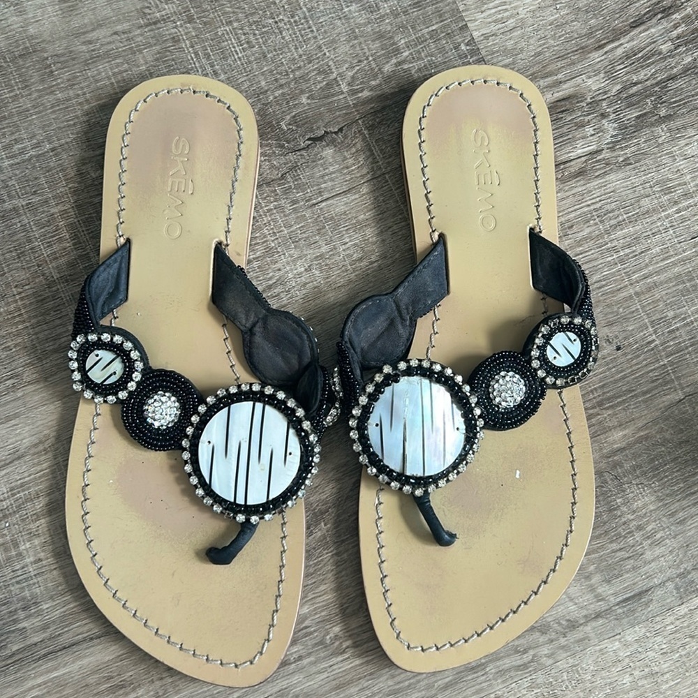 Skemo Women's Rhinestone Beaded Shell Slip On Flats Boho Sandals Black Straps 8